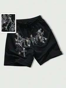 Men's Casual Shorts, Thorn Cross Stitch Rhinestone Graphic Print, Adjustable Drawstring Waist, Streetwear Livehouse Dance, Trendy Men, Casual Athletic Shorts
