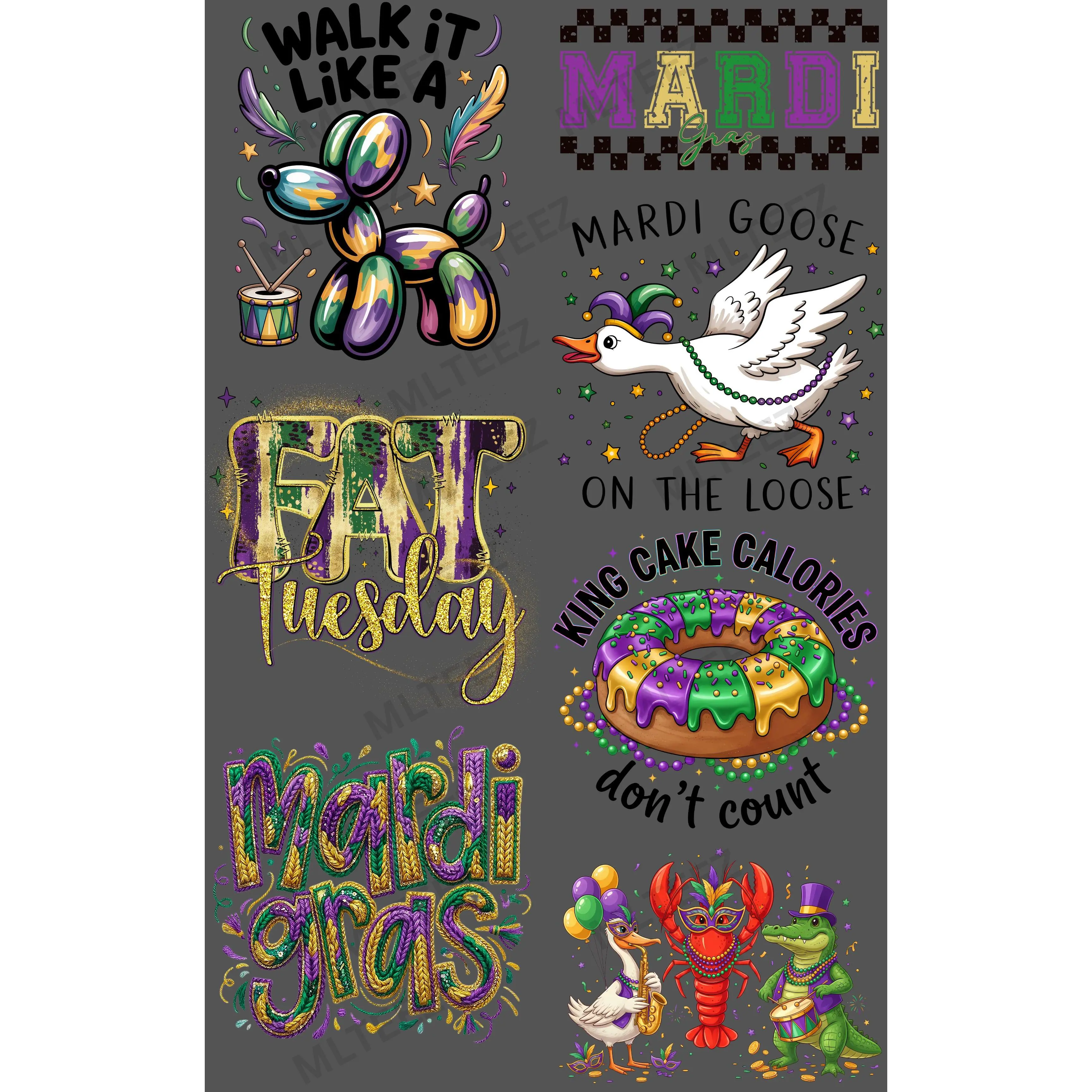WALK IT LIKE A (MARDI GRAS) PREMADE GANGSHEET - 22X36 DTF TRANSFERS - DIRECT TO FILM