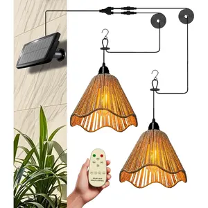 Solar Chandelier Outdoor Waterproof, Solar Powered Gazebo Lights with Remote Control, Boho Hanging Pendant Light for Porch Patio Pergola Shed Chicken Coop Balcony (2 Lights)