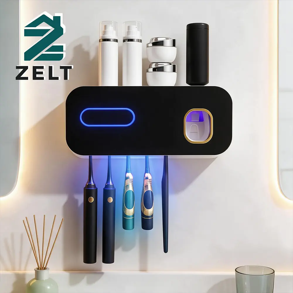 Wall Mount Anti-Fouling Tooth Care Toothbrush Holder with Multi-Section Shelf, Automatic Toothpaste Dispenser for Modern Bathrooms
