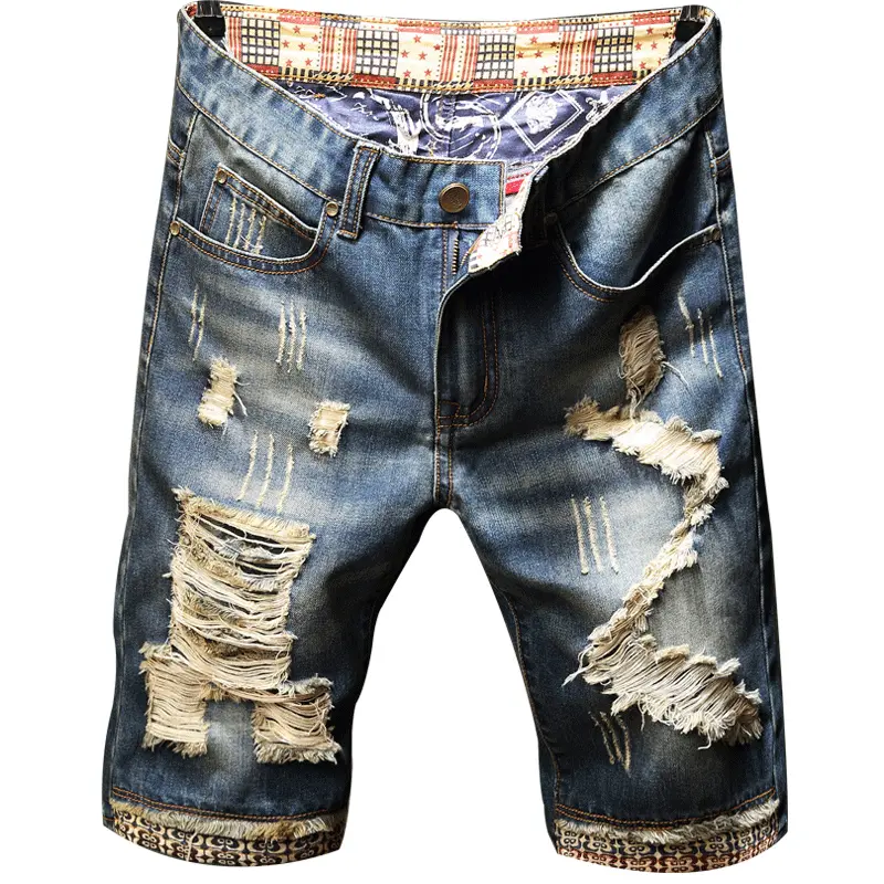 Men’s Plus Size Summer Vintage Straight-Leg Cropped Jeans — Non-Stretch, Trendy Distressed Look with Patchwork and Colorblocking; Plaid Patch Details; Mid-Rise Waist; Design-Forward Outdoor Casual Style for Daily Wear and Commuting; Slimming and Height-En