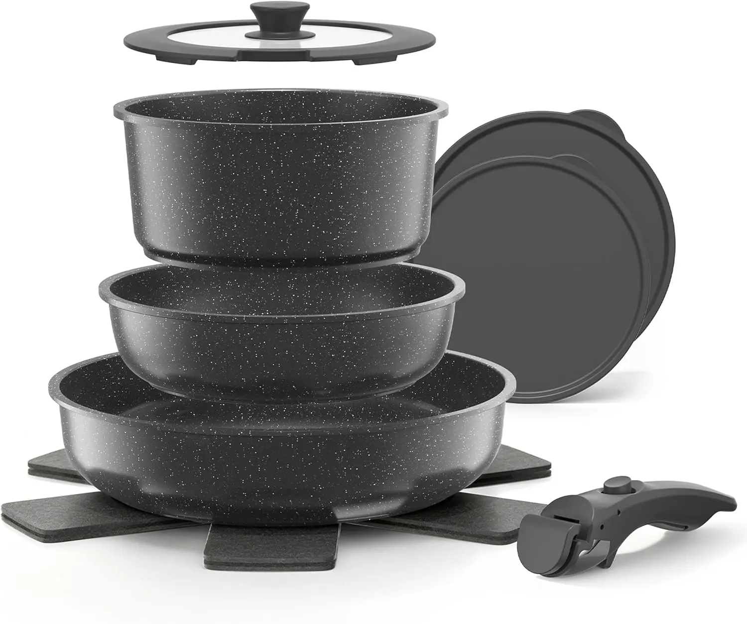 YASHE 9Pcs Granite Nonstick Pots and Pans Set, Stackable, Oven Safe