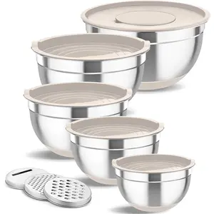 Mixing, 5PCS Stainless Nesting Salad Bowl with Lid & 3 Grater Attachments, for Prepping/Serving/Storing Food, Nontoxic, Airtight Lid & Non-slip Bottom - 4.6/3.5/2.5/1.5/1 QT