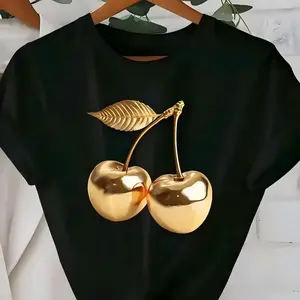 2026 Spring/Summer New Women'S Crew Neck Golden Cherry Print Casual T-Shirt | Fashionable Cool Short Sleeve for Summer,Fun Valentine's Day T-shirts – a top choice for personal enjoyment or as a gift for friends.