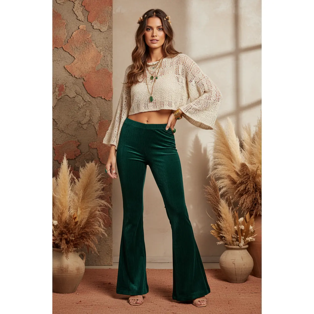 LuLaRoe Women's Kylie Pull-On Flare Bottoms, Solid Evergreen Stretch Corduroy Spandex Pants for Everyday Basic & Oversized Styles