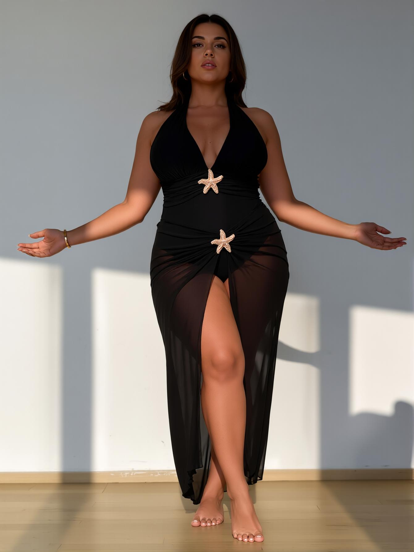 Plus Size Tummy Control One Piece Swimsuit with Cover up Skirt Starfish  Sets for Women Halter Bathing Suits Vacation Beach Dresses tummy control full coverage mesh swimsuit bikini with faja-TD-J253-01 summer swimwear