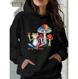 Women's Mushroom Frog Design Hoodie, Casual Long-Sleeve Pullover Tops, Unique Artistic Flair Sweatshirts