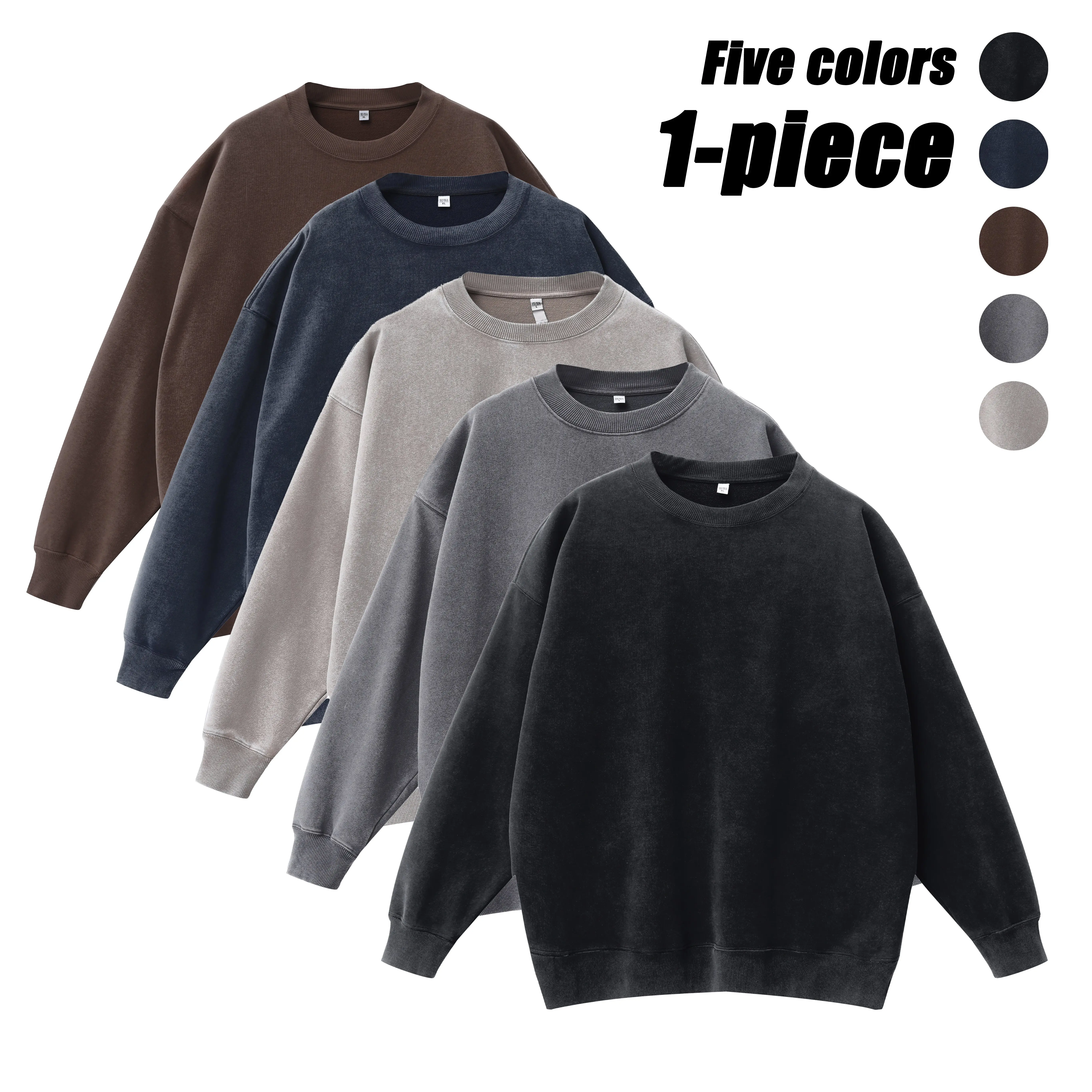 Men’s vintage washed distressed crewneck sweatshirt, loose solid-color long-sleeve pullover top, soft matte faded knit casual shirt, suitable for streetwear, skateboarding, everyday commuting in spring/autumn, and layering outfits.