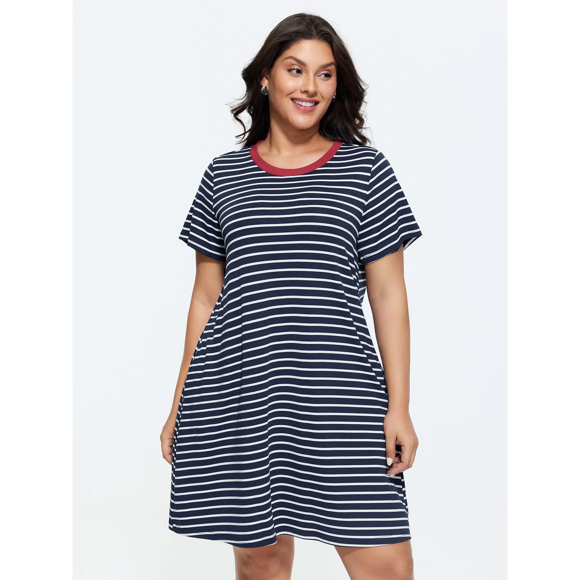 BloomChic Plus Size Casual Striped Colorblock T-Shirt Dress, Shortsleeve Knee-Length Polyester Summer Style with Pockets, Fabric, Lady, Fit, Plus Size Dresses, Pull-On, Women, Garment, Pull-On Close, Leisure Wear, Hidden Pocket