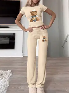 Cartoon Bear Graphic Printed 2 Piece Thin Women's Crop Top Set , Casual Short Sleeve Tee & Long Flare Pants, Summer Fall Fashion, All Seasons Wear Womenswear