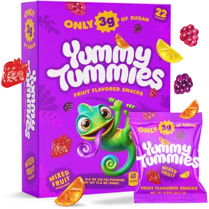 Yummy Tummies 22 Pack, 70% Less Sugar Fruit Snacks, Only 3g Sugar Per 0.8oz Pouch