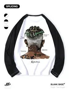 Street Art Style Loose Long Sleeve Shirt, Geometric Print, Patchwork, Casual Breathable, Unisex Fashion Top