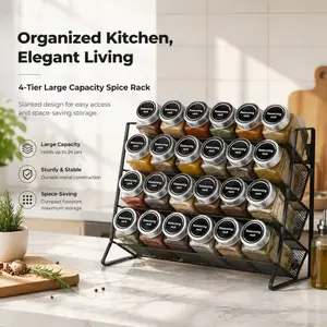 This four-tiered, tilting spice rack features a mesh design, suitable for wall mounting or countertop placement. It has a non-slip base and a transparent design, maximizing cabinet space for storing spices and seasonings.