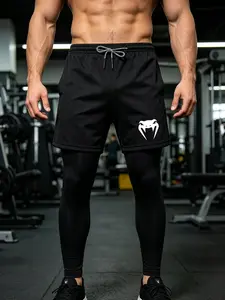 Men's Double Layer Compression Running Fitness Pants with Pockets Snake Head Print Quick Dry Athletic Leggings for Gym Training