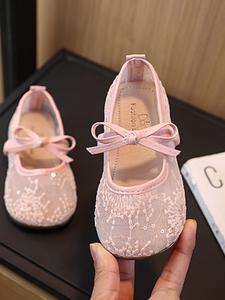 Girls' Bow Lace Breathable Mesh Anti-Slip Magic Tape Flat Mary Jane Shoes, Casual Daily Wear, Comfortable and Stylish
