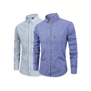 2-Pack Men's Pure Cotton Plaid Casual Long Sleeve Shirts - Blue and White Check Design, Button Collar, Machine Washable Perfect for Short Menswear Top Checked Shortsleeve Outdoor Fabric