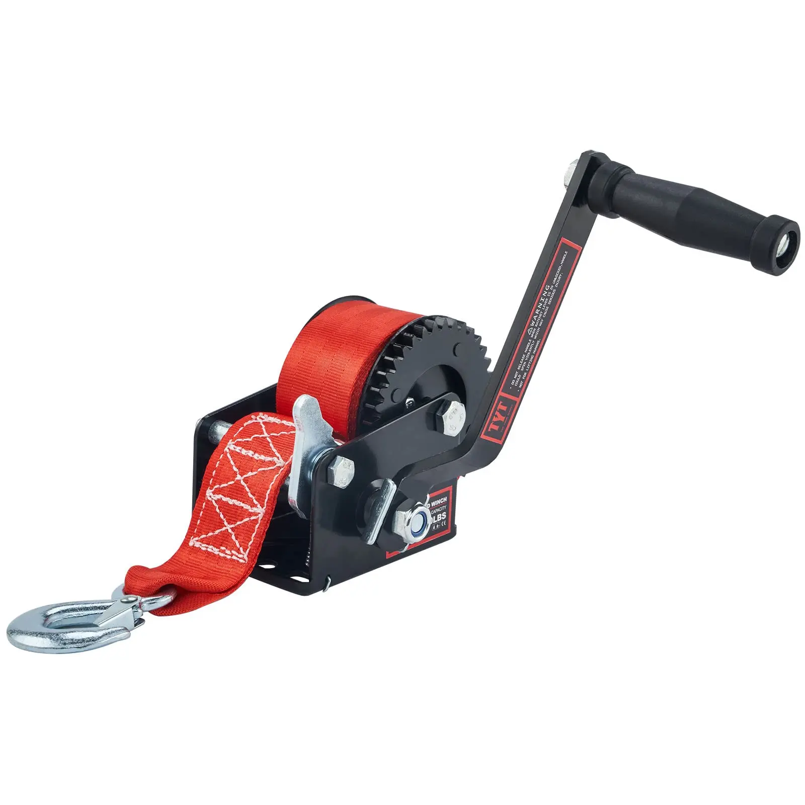 TYT 600LB Boat Trailer Winch with Red Nylon Strap, Anti-Slip Handle Crank Gear Hand Winch, Portable Two-Way Ratchet Forward & Backward Manual Rope Ratio 3.2:1 Winch for ATV Jet Ski Trailer Small Winch