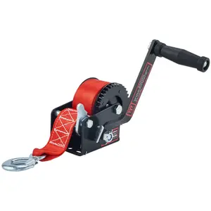 TYT 600LB Boat Trailer Winch with Red Nylon Strap, Anti-Slip Handle Crank Gear Hand Winch, Portable Two-Way Ratchet Forward & Backward Manual Rope Ratio 3.2:1 Winch for ATV Jet Ski Trailer Small Winch