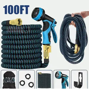 100FT Deluxe Expandable Garden Water Hose, Heavy Duty Flexible No-Kink Hose with 8-Spray Patterns, Premium Latex & Woven Fabric, 1/2" & 3/4" US Standard Connectors for Gardening Car Washing