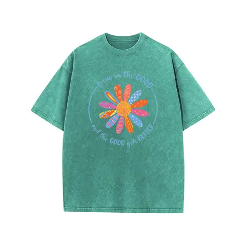 Women's Oversize Holafish Flower Print Short-Sleeve Cotton T-Shirt - Heavy-Weight Acid Washed Casual Basics, All-Seasons Stylish Streetwear Everyday Top