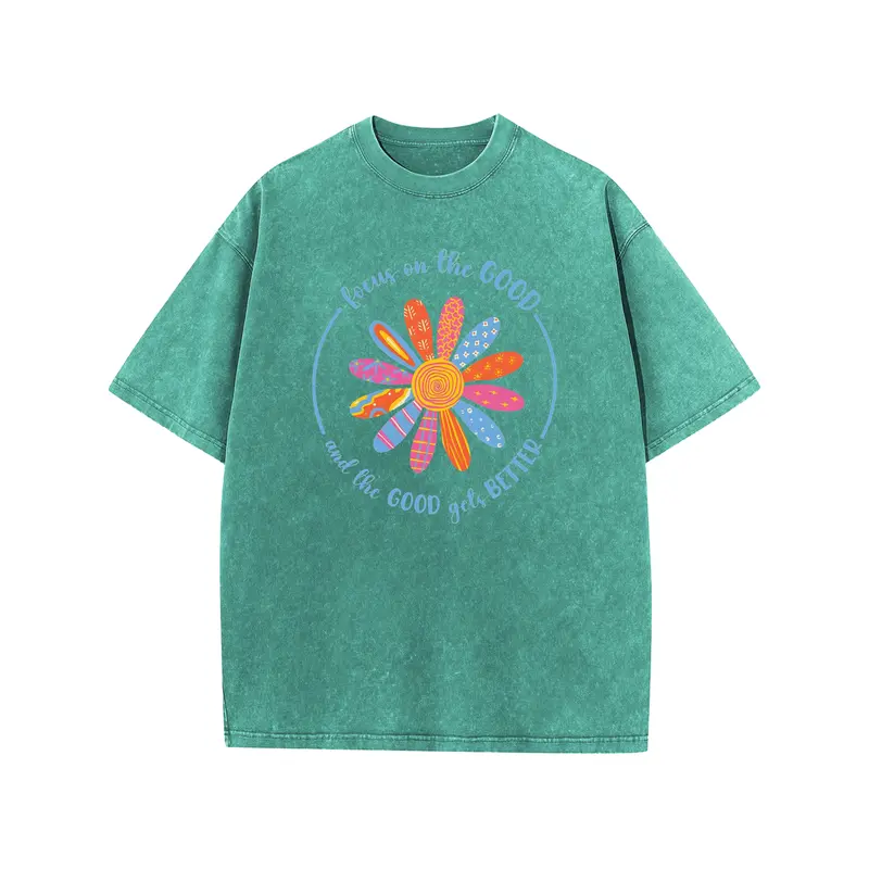 Women's Oversize Holafish Flower Print Short-Sleeve Cotton T-Shirt - Heavy-Weight Acid Washed Casual Basics, All-Seasons Stylish Streetwear Everyday Top