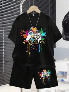 Boys Summer Gaming Style Two-Piece Set, Trendy T-Shirt & Shorts, Casual Loose-Fit, Daily Wear, Cartoon Pattern