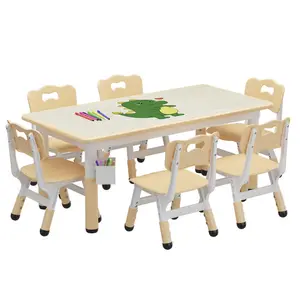 Kids Table and 6 Chair Set with Storage Box, Height Adjustable Toddler Table and Chairs Set for Ages 2-10, Graffiti Desktop, Non-Slip Legs, Children Activity Table for Daycare Classroom Home