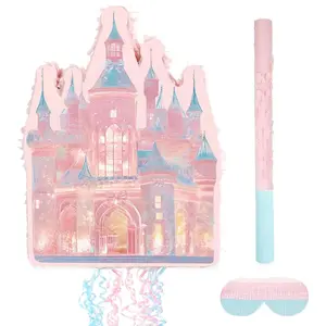 Coquette Pink Castle Pull String Piñata with Blindfold and Stick for Girls Princess Themed Birthday Party Decorations Winter Fairy Piñata (16.5 x12.4'')