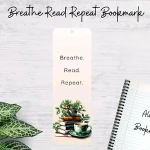 Breathe Read Repeat Metal Bookmark for Readers - 2x6 Inch Sublimated Aluminum Bookmark with Serene Stack of Books Illustration & Coordinating Tassel - Perfect for Planners Journals and Novels - Calming Minimalist Design