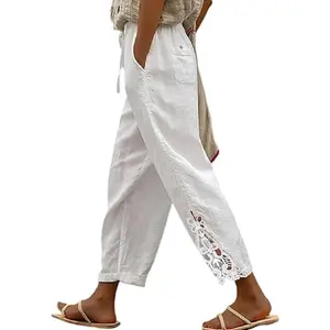 Linen Pants Women Straight Leg Summer Cotton Casual High Waist Elastic Linen Beach Pants