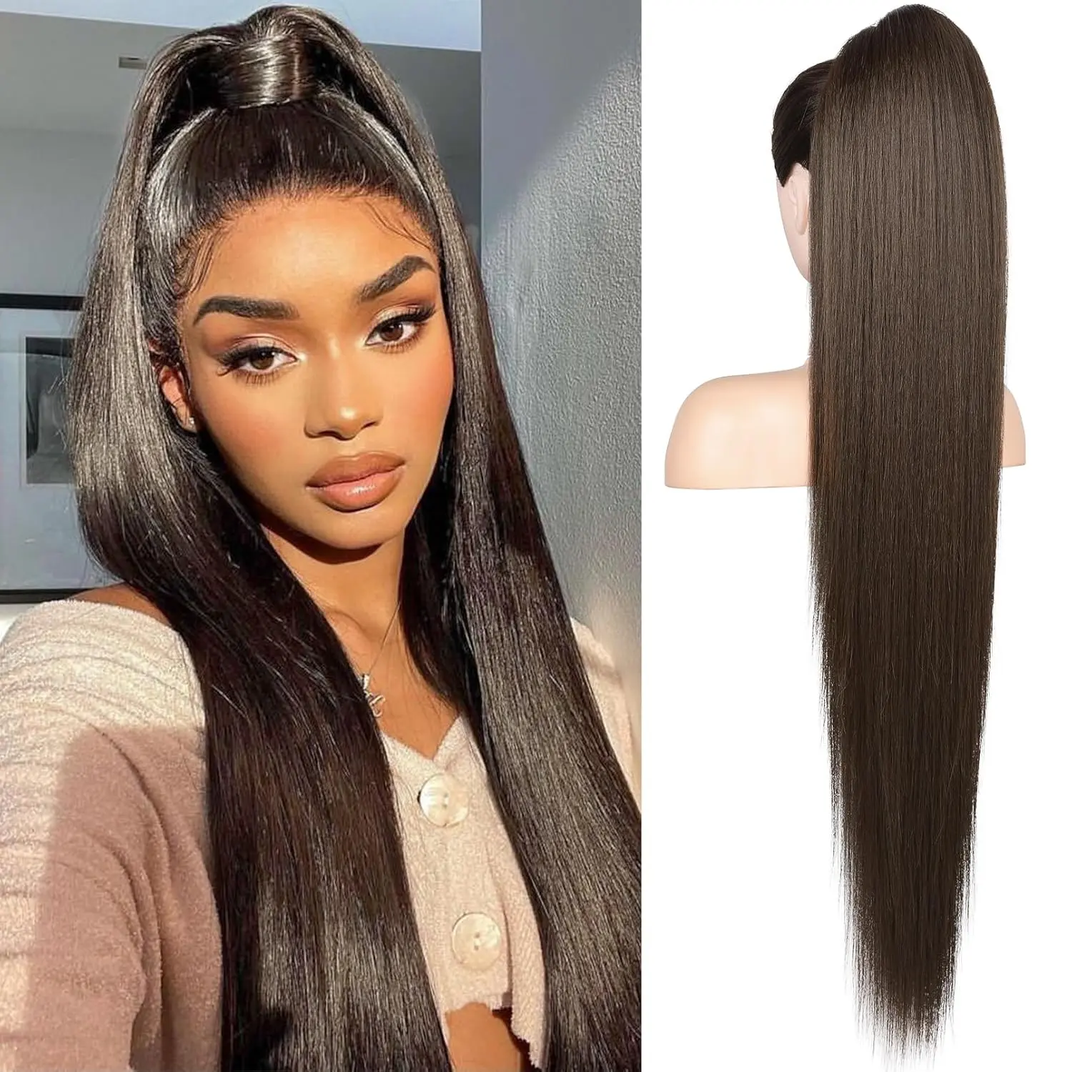ponytail extension, 36 Inch Long Straight Drawstring Ponytail Synthetic Hairpieces  Pony Tails  Soft Clip in Hair Extension for Women (Black Brown)