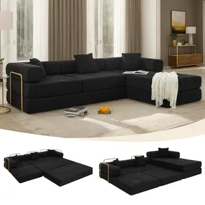 【2 Packages Shipping】Eyisean 108" Corduroy Modular Floor Sofa Bed & Mattress, Convertible Futon Sleeper Couch with Chaise & Pillow, Free Combination, No Assembly Required, Oversized Boneless Couch for Living Room, Apartmentt, Small Spaces, Guest Use