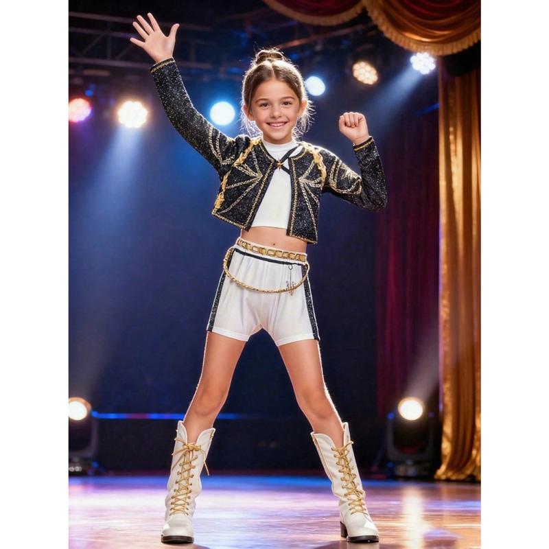 Girls K-Pop Rumi Mira Role Play Costume Set 3pcs Short Sleeve Crop Top Skirt Halloween Party Dress Up Clothes for Kids Comfortable Polyester Fabric Superstar Outfit