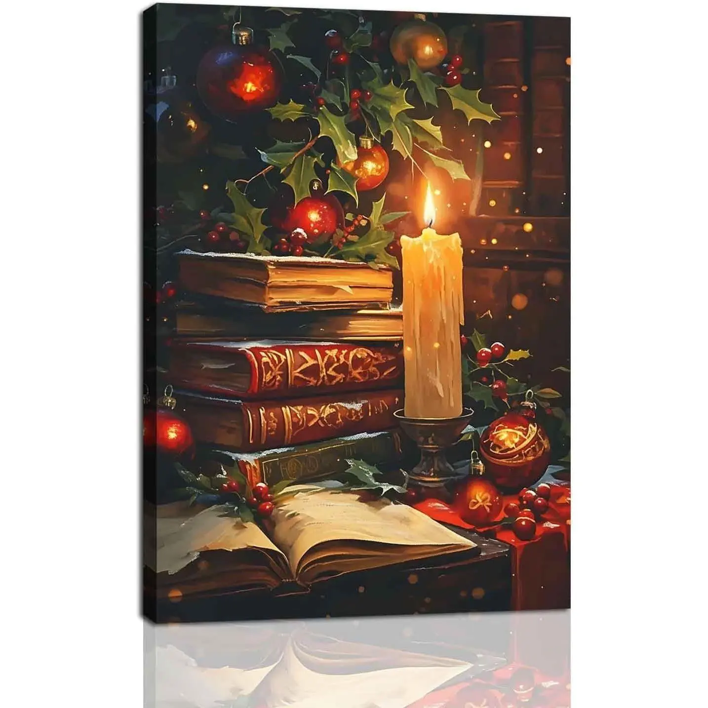 Vintage Christmas Canvas Wall Art – Rustic Books Still Life Painting, Dark Academia Holiday Decor, Merry Christmas Winter Artwork for Living Room or Home Decoration, Framed