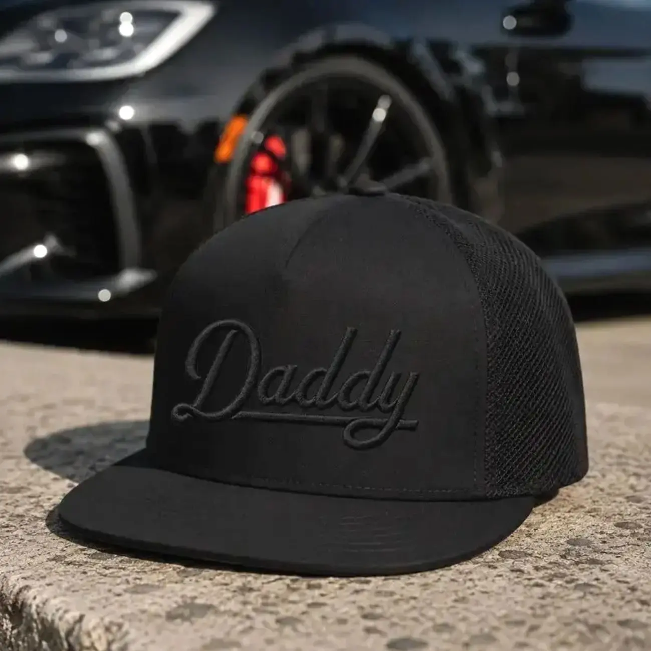 Black Daddy Embroidered Trucker Hat, Black on Black Snapback Cap, Father’s Day Gift for Dad, Minimal Dad Hat