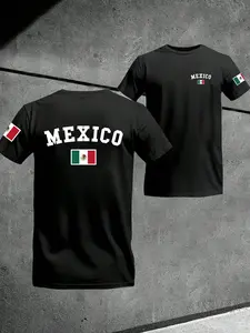 Men Women Short Sleeve Casual Tee, Unisex, Soft Breathable Fabric, Mexican Flag Letter Print Design, All-Season Fitted Long Clothing