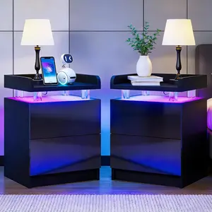 AOXUN Nightstand Set of 2 with LED Lights,  Bedside Table, 2 Storage Drawers, Compact Design for Bedroom, Modern Finish