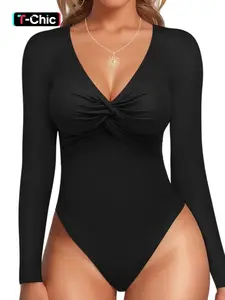 1 Count Women's Solid Long Sleeve Plunge Deep V Neck Loungewear Jumpsuit, New Style Casual Wear Comfy Bodysuit for Daily Wear, Tummy Control Shapewear, Cute, Y2K Womenswear, Underwear, Perfect For Daily Wear&Leisure Out Fashion Wear