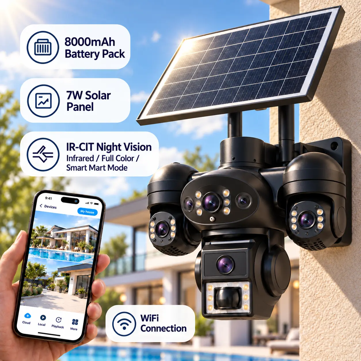 【Black Friday】 4K Triple Lens Solar Security Camera - 8000mAh Wireless Outdoor Surveillance Camera, 355° PTZ, 3-Screen View, IP66 Waterproof, 2-Way Audio, Human Detection, Night Vision, 2.4GHz WiFi Enabled, DIY Security (Easy Installation & Connection)