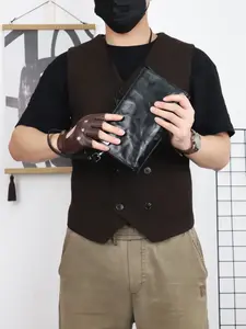 Business Genuine Leather Clutches Phone Pocket Card Holder Purse Long Wallet for Men Small Bag Hand-scratched Cowhide Leather Bifold Clutch