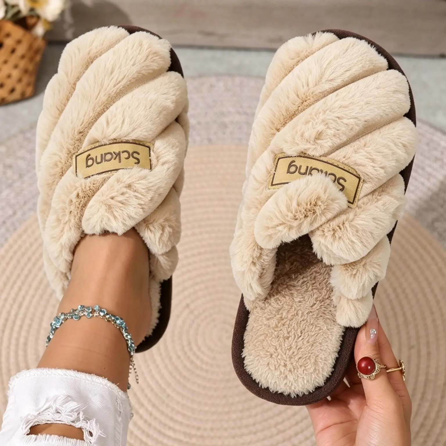 Women's Pineapple Grain Contrast Color Spliced Autumn/Winter Slippers, Unisex Indoor Home Slippers, Non-Slip, Warm, Comfortable, Slip-On Plush Slippers, Women Shoes