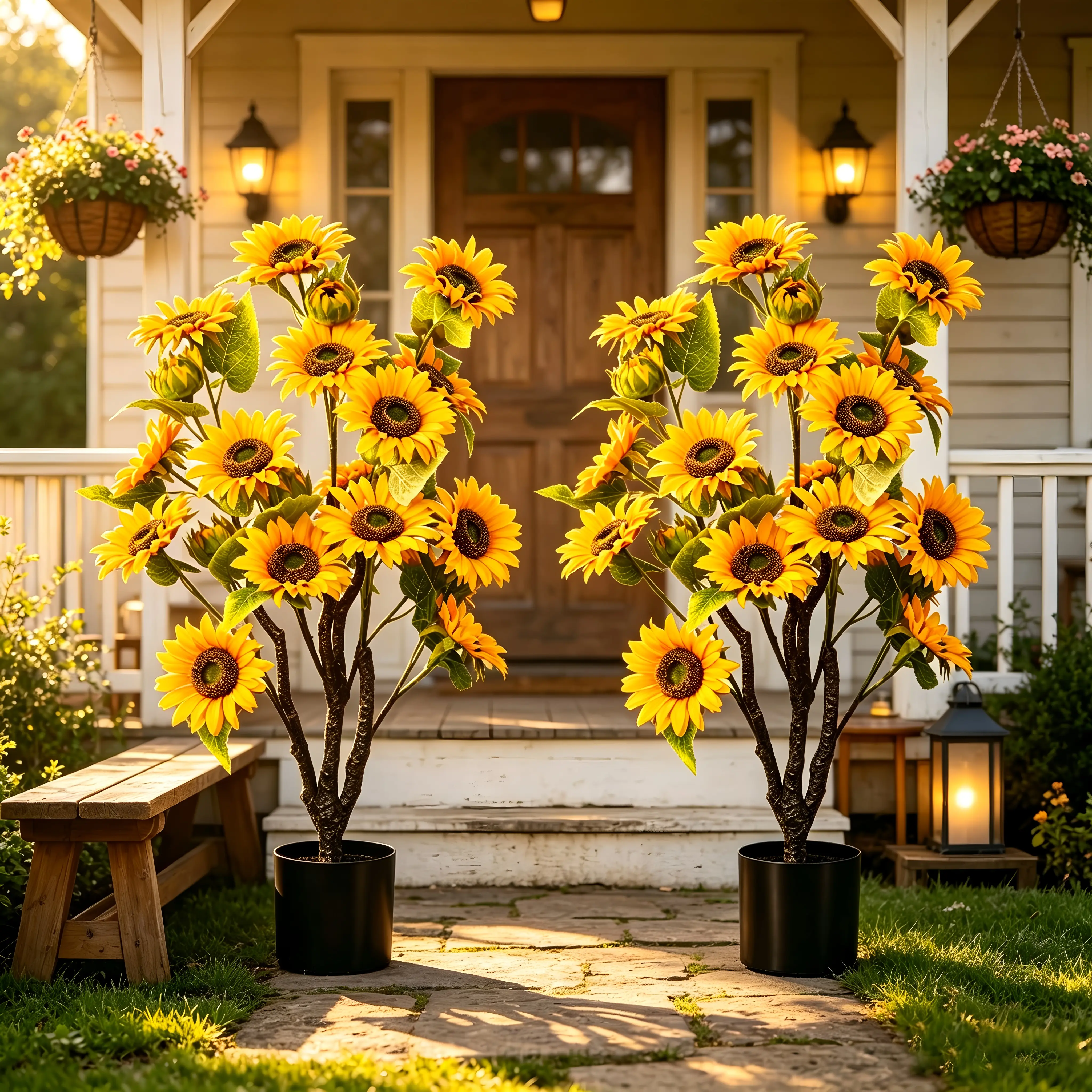 Decorative 3FT-4FT Pre-Potted Artificial Sunflower Floor Tree, UV-Resistant Lifelike Fake Plant, No-Water Low-Maintenance Decor for Indoor, Porch, Farmhouse