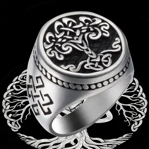 Tree of Life Ring Yggdrasil Celtic Knot Rings Stainless Steel Family Tree Jewelry Gifts for Men Cocktail Party