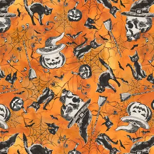 Halloween Night Pumpkin Cat Bat Spiderweb Print Orange Cotton Fabric Windham Fabrics
