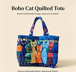 Blue Dream Quilted Cat Print Tote Bag, 17x15.7 inch Large Capacity Shoulder Bag for Summer Beach, Graduation Trip & Daily Outfits
