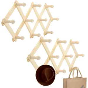 RAM-PRO Accordion Style  Expandable Rack Hat, Cap, Belt, Umbrella Coffee Mug Wall wooden Pegs (Set of 2)