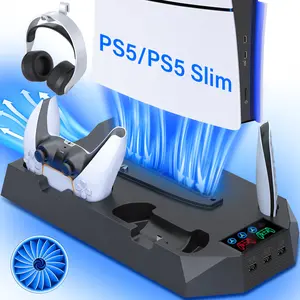 Cooling Station for PS5/Slim/Pro with LED Controller Charging Station for PlayStation 5 Console, Controller Charger, Cooling Stand, with 3 Level Cooler Fan