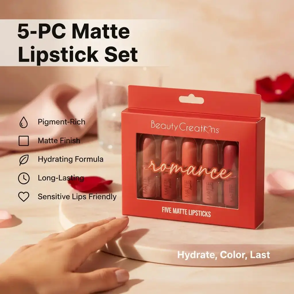 Beauty Creations 5-Piece Pigment-Rich Matte Lipstick & Lip Mud Multi-Pack, Hydrating Smooth Cherry Red, Long-Lasting Formula for Sensitive Lips & All Skin Types, Cosmetic Makeup Product, Lip Stain