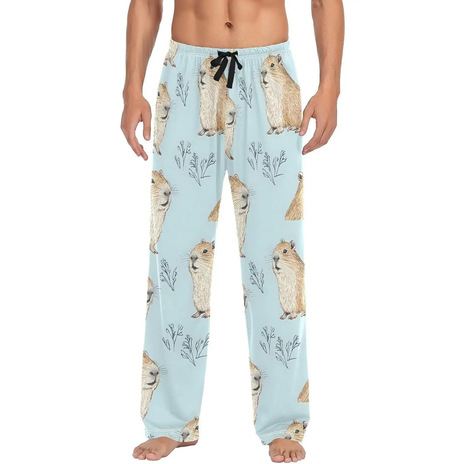 Men's Pajama Pants Capybara Grass Pattern Sleep Bottoms Lounge Sleepwear with Pockets Drawstring