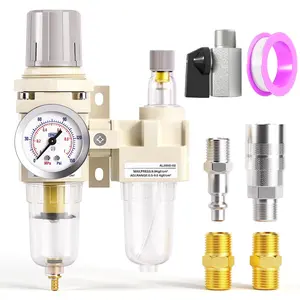 1/4 Inch NPT Air Filter  Regulator Water/Oil  Separator Combo(0-145PSI),Air Tool Compressor Filter with Gauge AC2010-02(Manual Drainage)